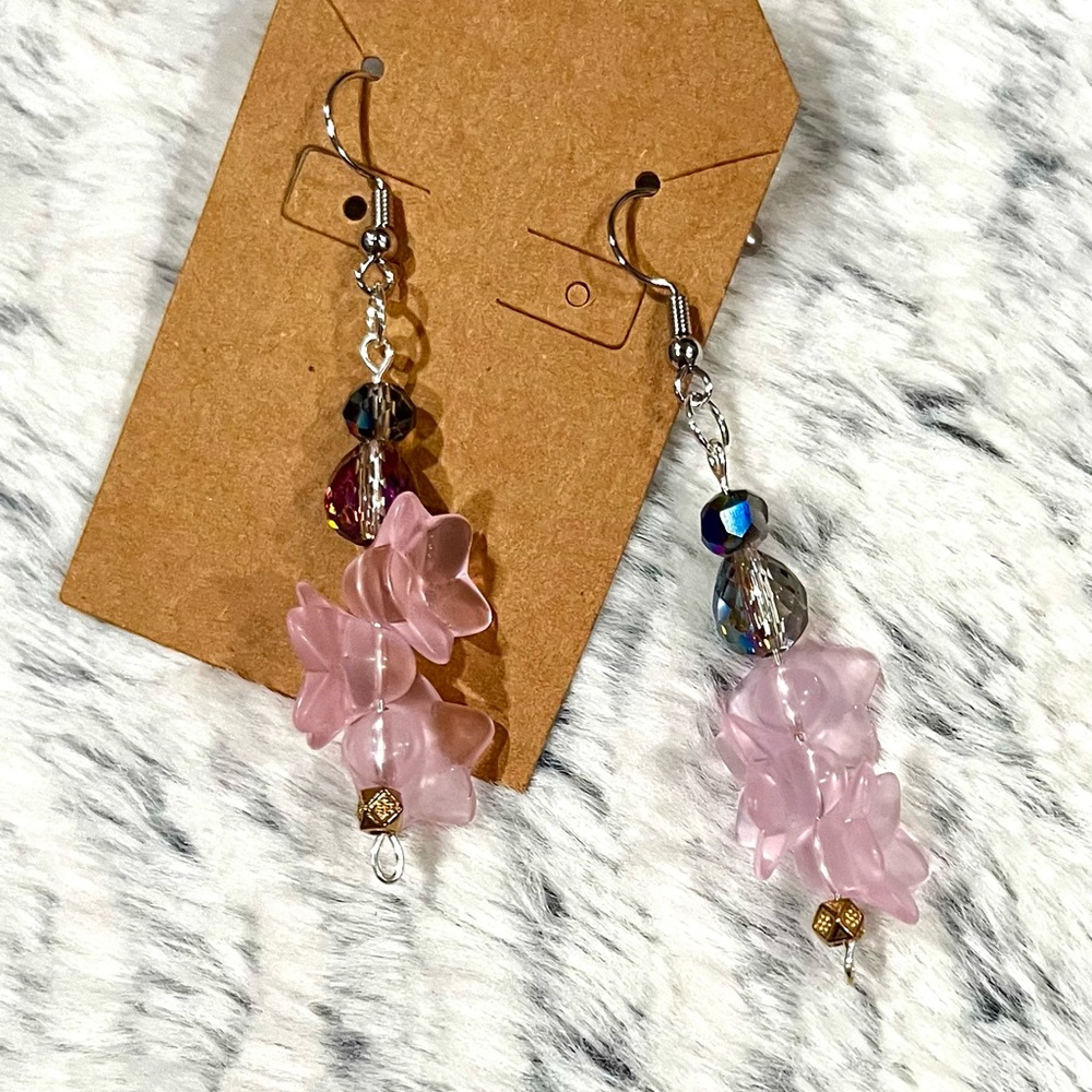 Chic Pink Floral Dangle Silver Earrings